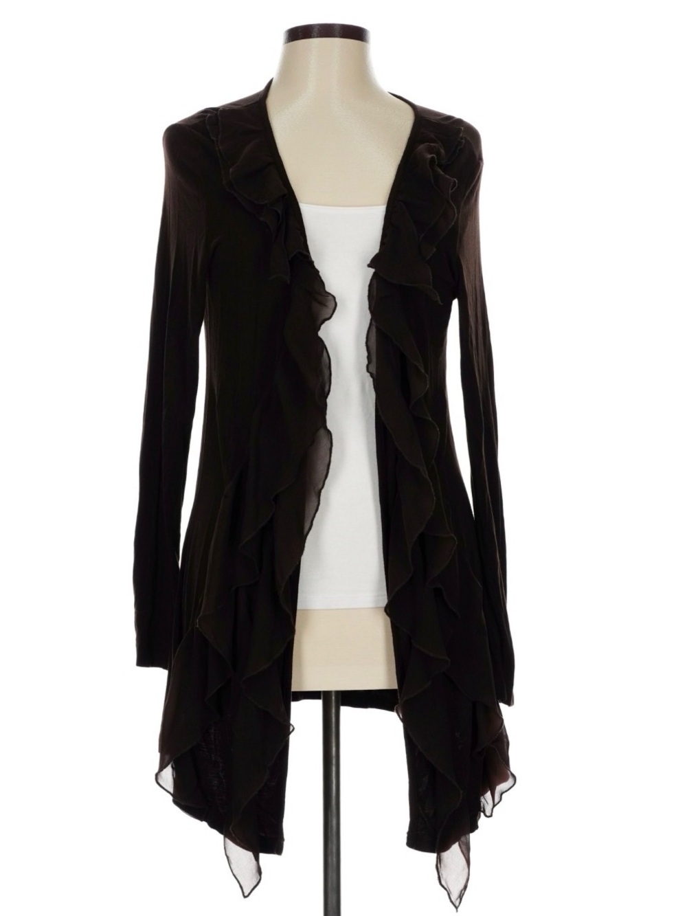 Brown Ruffle Open Front Cardigan Jacket